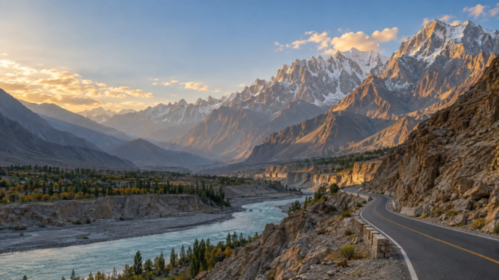 Hunza valley under the Karakoram at sunset